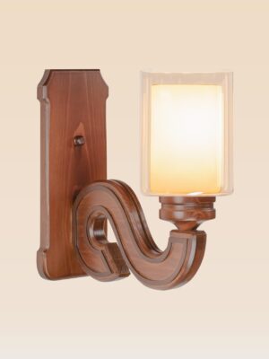 Wooden wall sconce light with modern glass cylinder shade – distributed by Checkmark, crafted by DARKAR Lighting Industries.