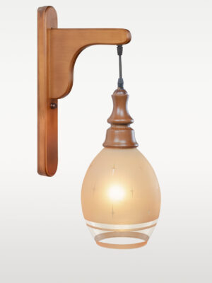 Wooden wall sconce light with round frosted glass shade – distributed by Checkmark, crafted by DARKAR Lighting Industries.