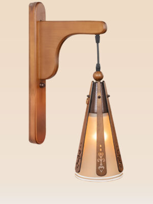 Rustic wooden wall sconce light with hanging tapered shade and decorative cutouts – distributed by Checkmark, crafted by DARKAR Lighting Industries.