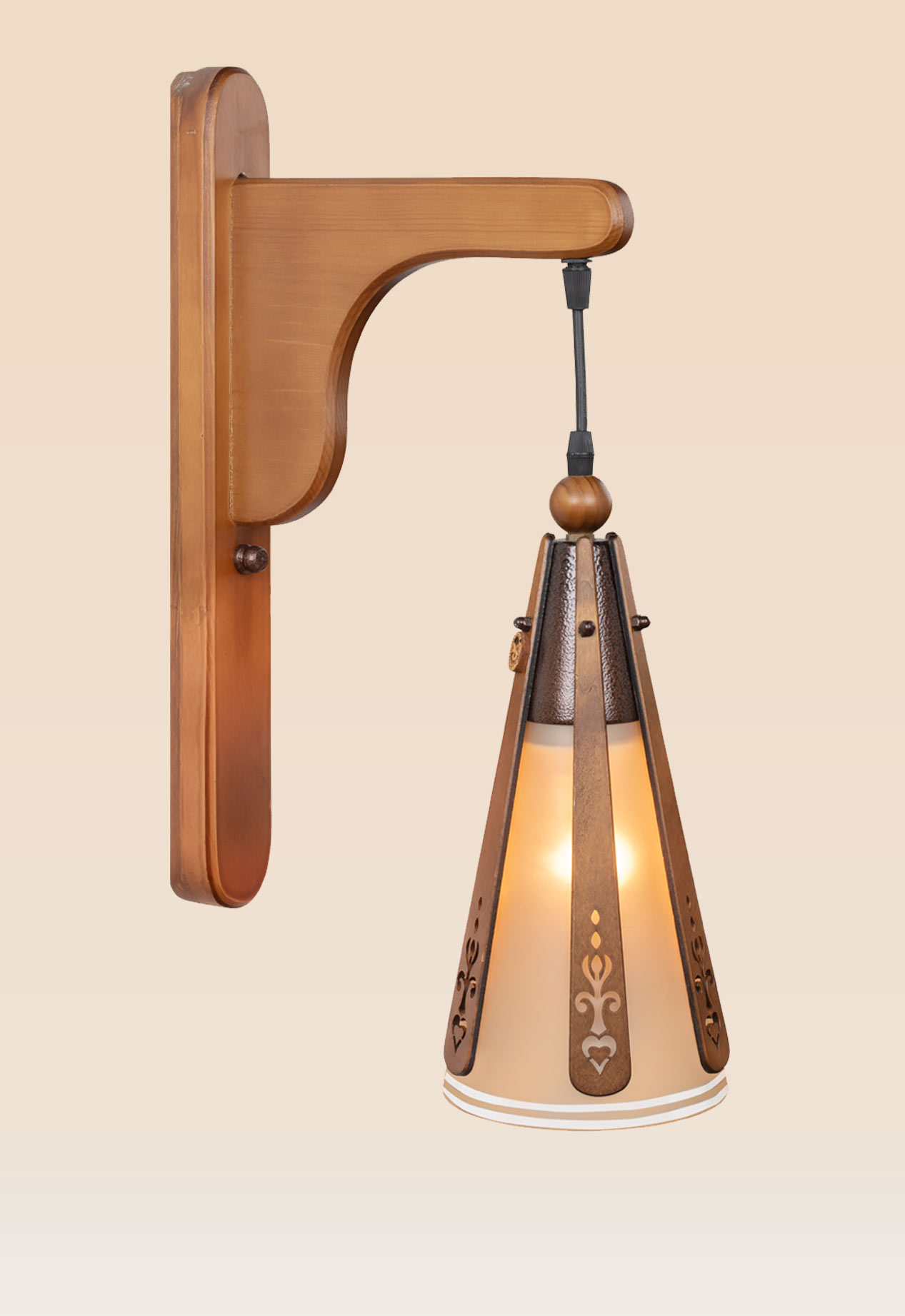 wooden-wall-sconce-tapered-shade-decorative-cutouts-checkmark-darkar-476 Rustic wooden wall sconce light with hanging tapered shade and decorative cutouts – distributed by Checkmark, crafted by DARKAR Lighting Industries.