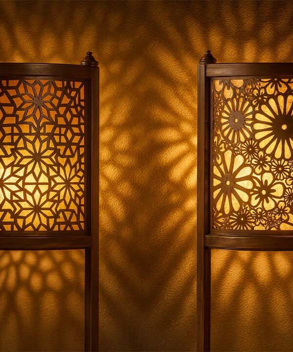 wooden floor lamp in modern interior – cozy lighting design