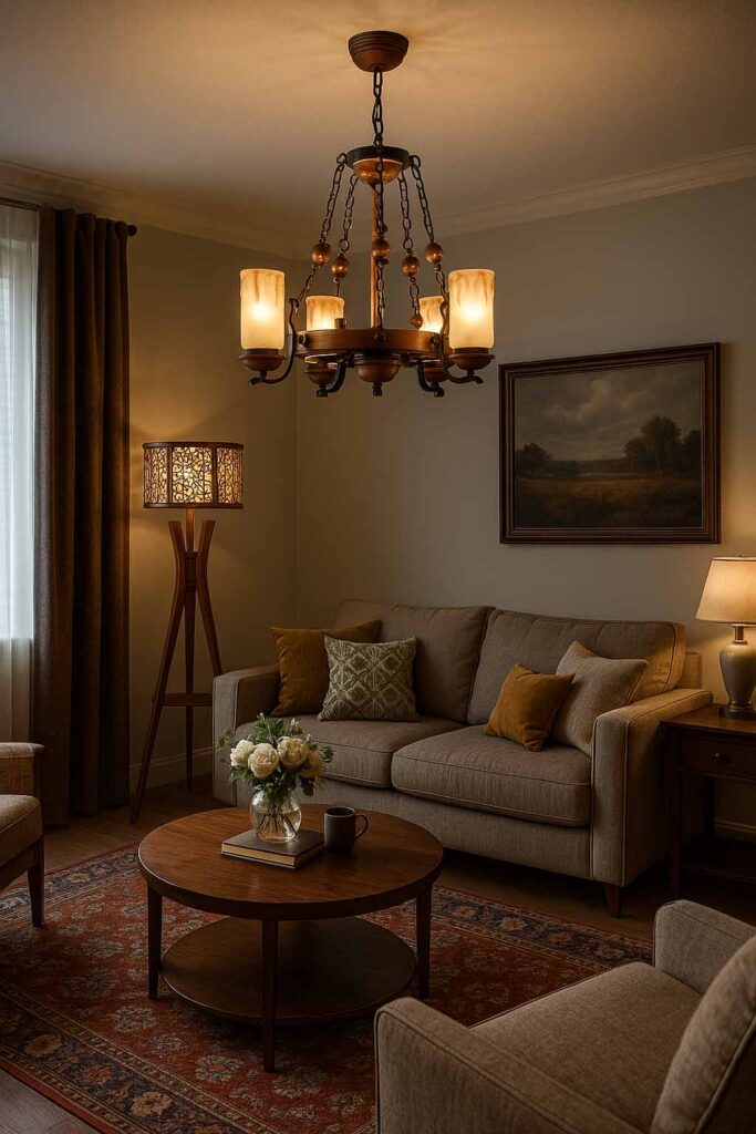 wooden floor lamp in modern interior – cozy lighting design room