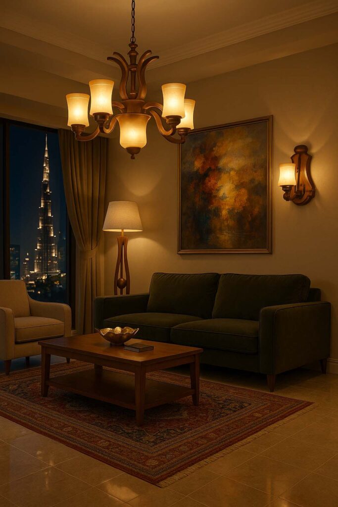 wooden floor lamp in living interior – cozy atmosphere design