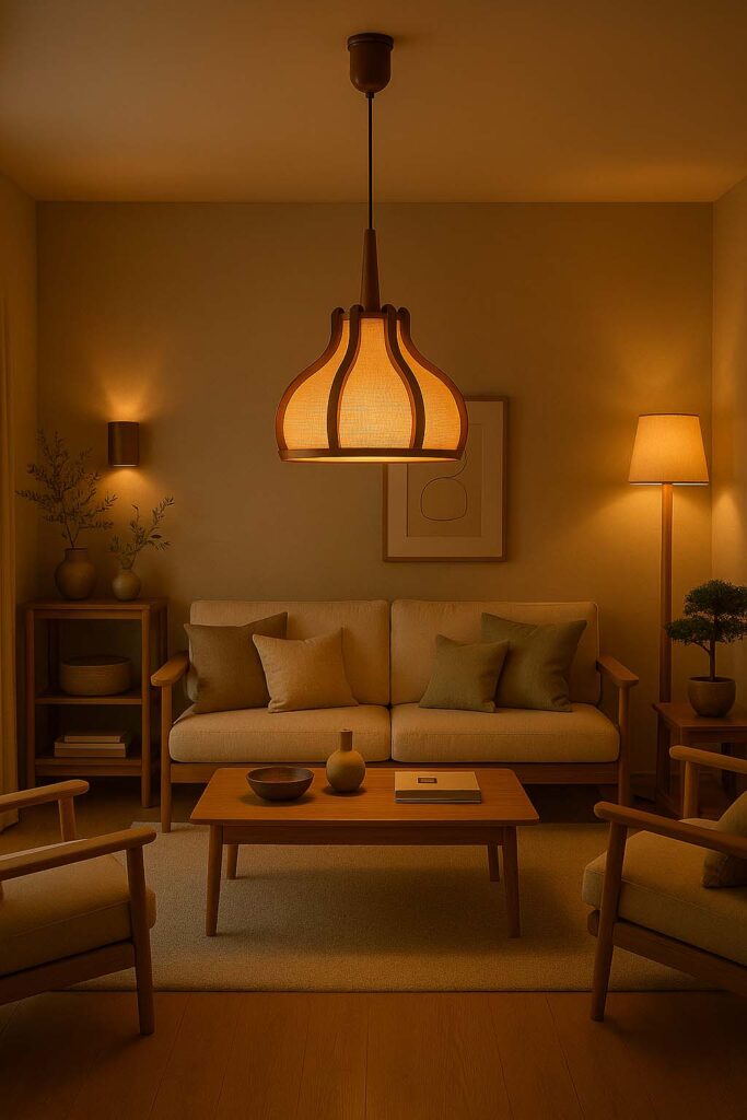 match wooden lights with furniture warm LED ambience
