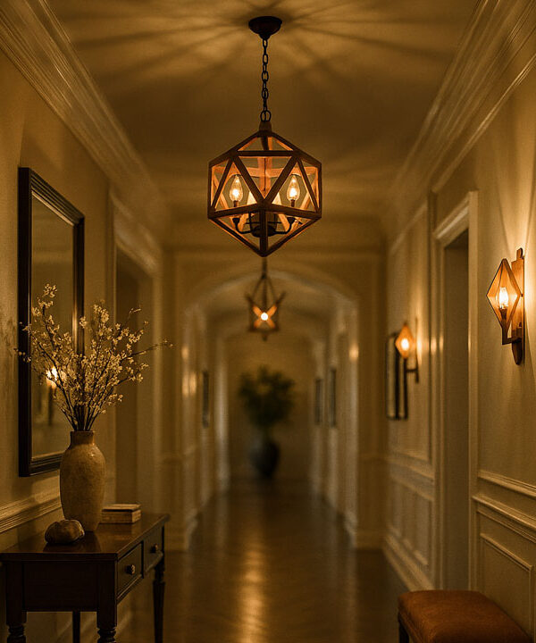 layered lighting wooden fixtures creating warm ambience