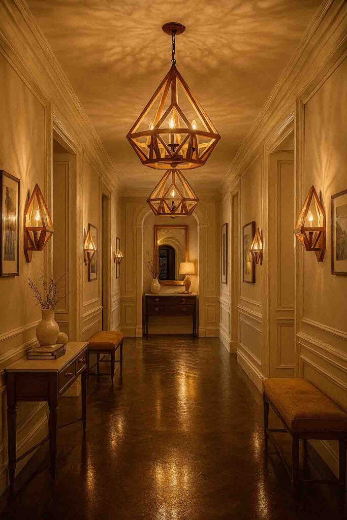 layered lighting wooden fixtures creating warm ambience