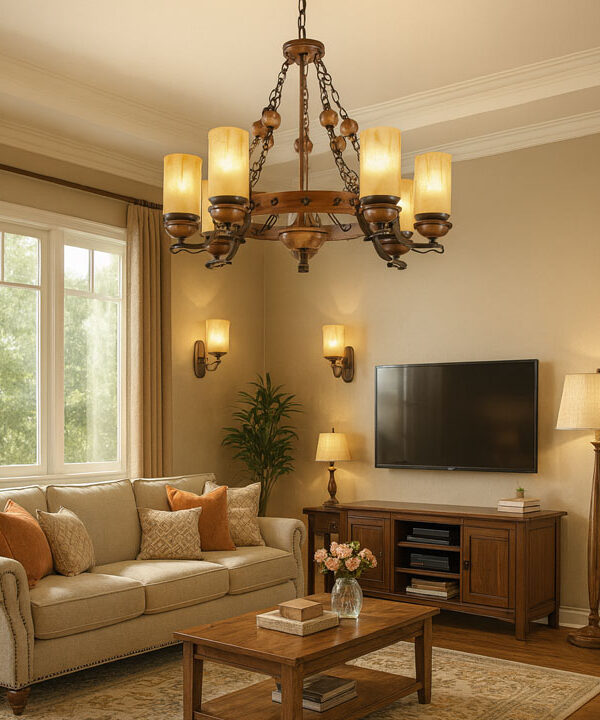 wooden lighting designs UAE rustic chandelier frosted glass