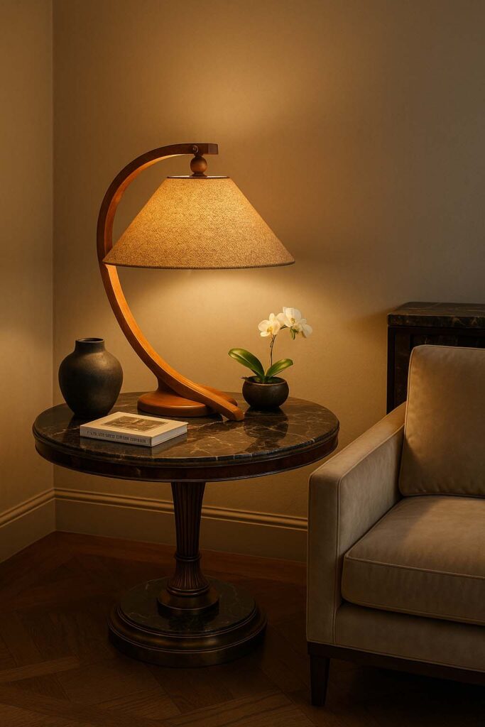 match wooden table lamp with furniture warm LED ambience