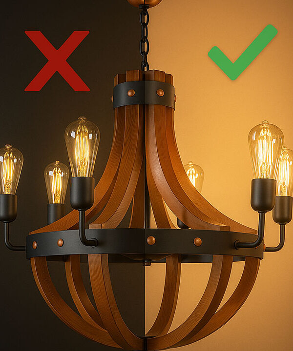 2. wooden lighting mistakes example showing incorrect chandelier size