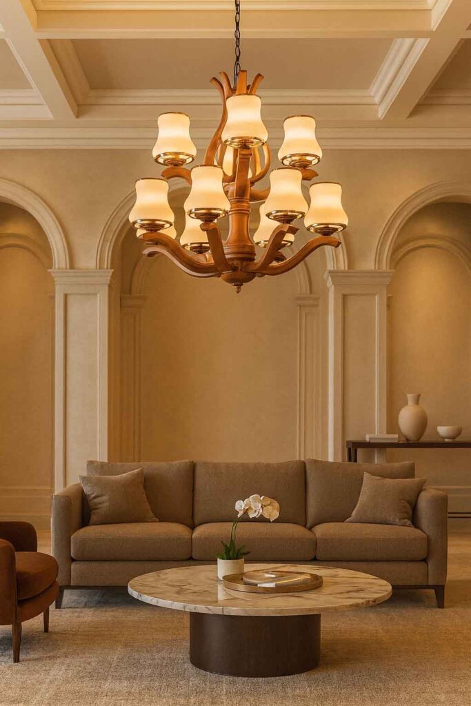 wooden lighting designs UAE multi tier chandelier villa
