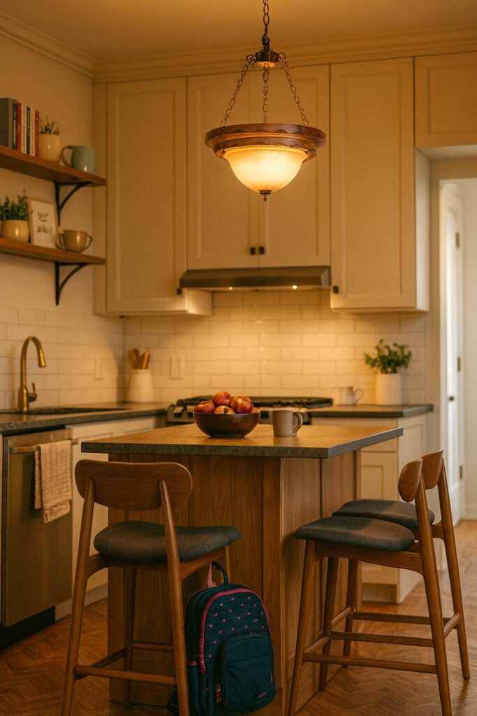 Lighting temperature for wooden fixtures applied to wooden pendant lights above a dining table