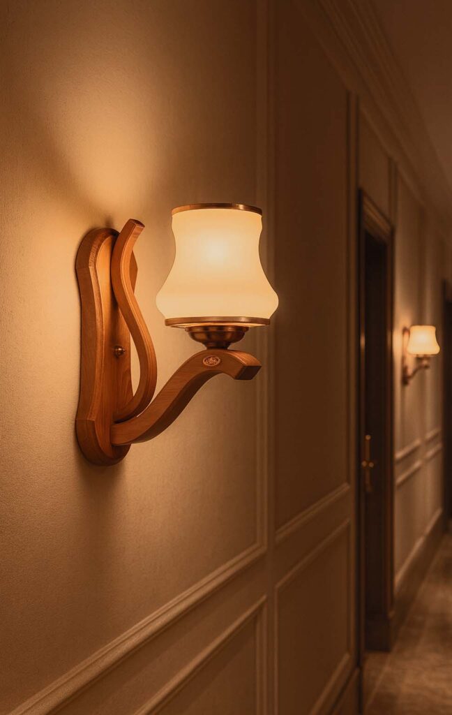 Lighting temperature for wooden fixtures highlighting texture through wooden wall sconces
