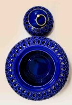 Openwork ceramic lidded jar with glossy glaze and sculptural form-open-lid