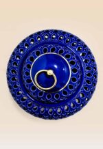 Openwork ceramic lidded jar with glossy glaze and sculptural form-top-view