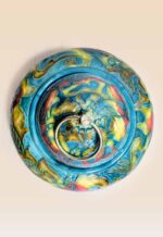 Patina glaze ceramic lidded jar with layered color tones and sculptural form top view
