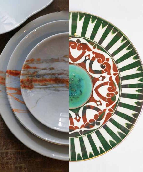 Decorative ceramic plates vs dishes styled in a refined interior