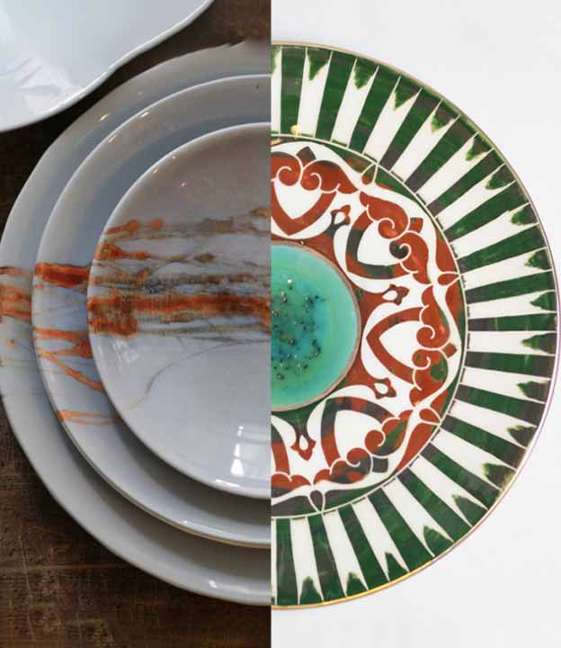 Decorative ceramic plates vs dishes styled in a refined interior