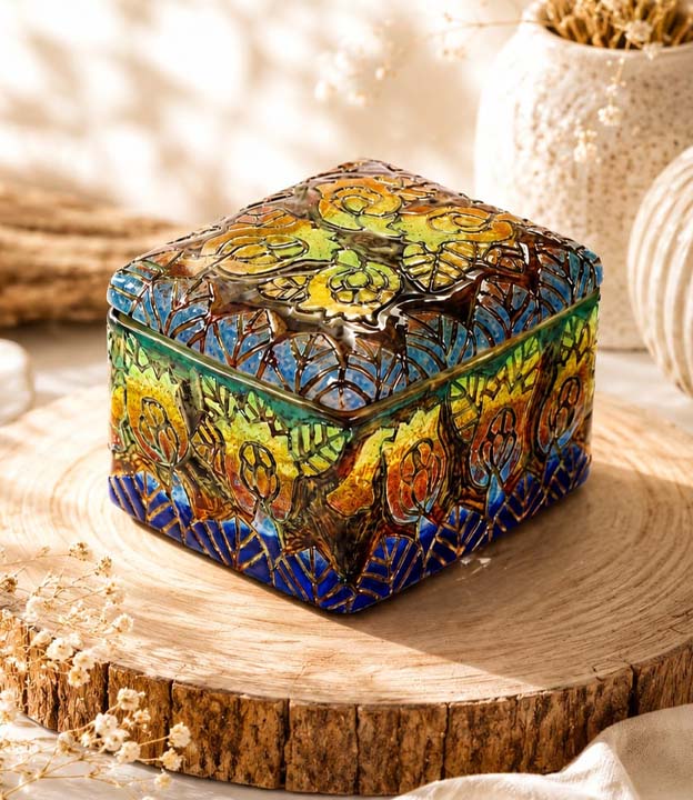 Handcrafted ceramic art styled in a luxury interior with warm lighting and refined materials