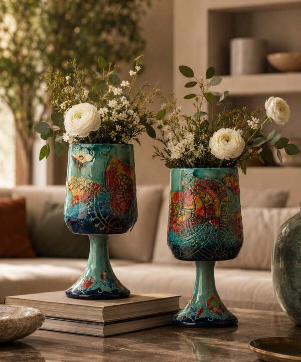 Patterned ceramic decor styled in a refined interior with warm lighting
