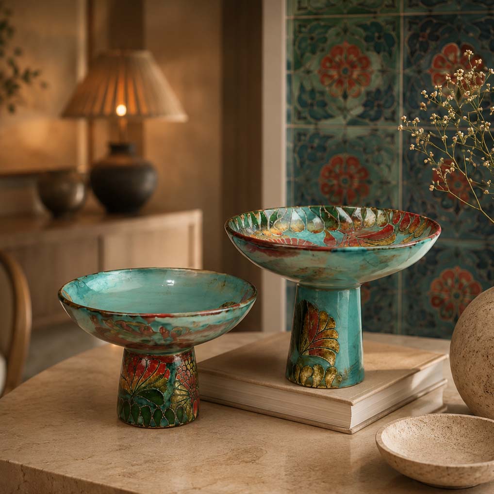 Patterned ceramic decor styled with wood, stone, brass and warm lighting