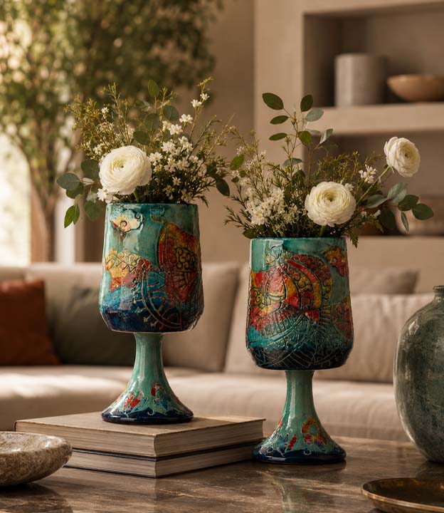 Patterned ceramic decor styled in a refined interior with warm lighting
