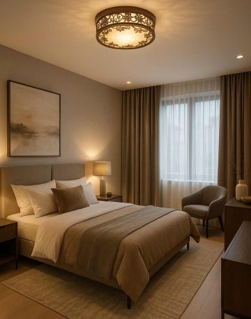 Round wooden ceiling light with frosted glass and floral pattern, flush mount, Model 304-bedroom1.