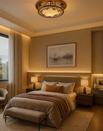 Round wooden ceiling light with frosted glass and floral pattern, flush mount, Model 304-bedroom